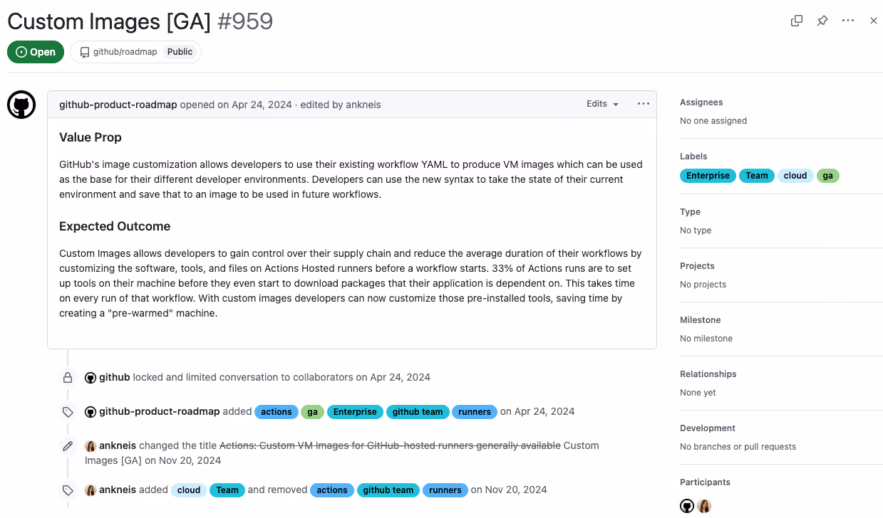 Screenshot of specific item from GitHub's product roadmap