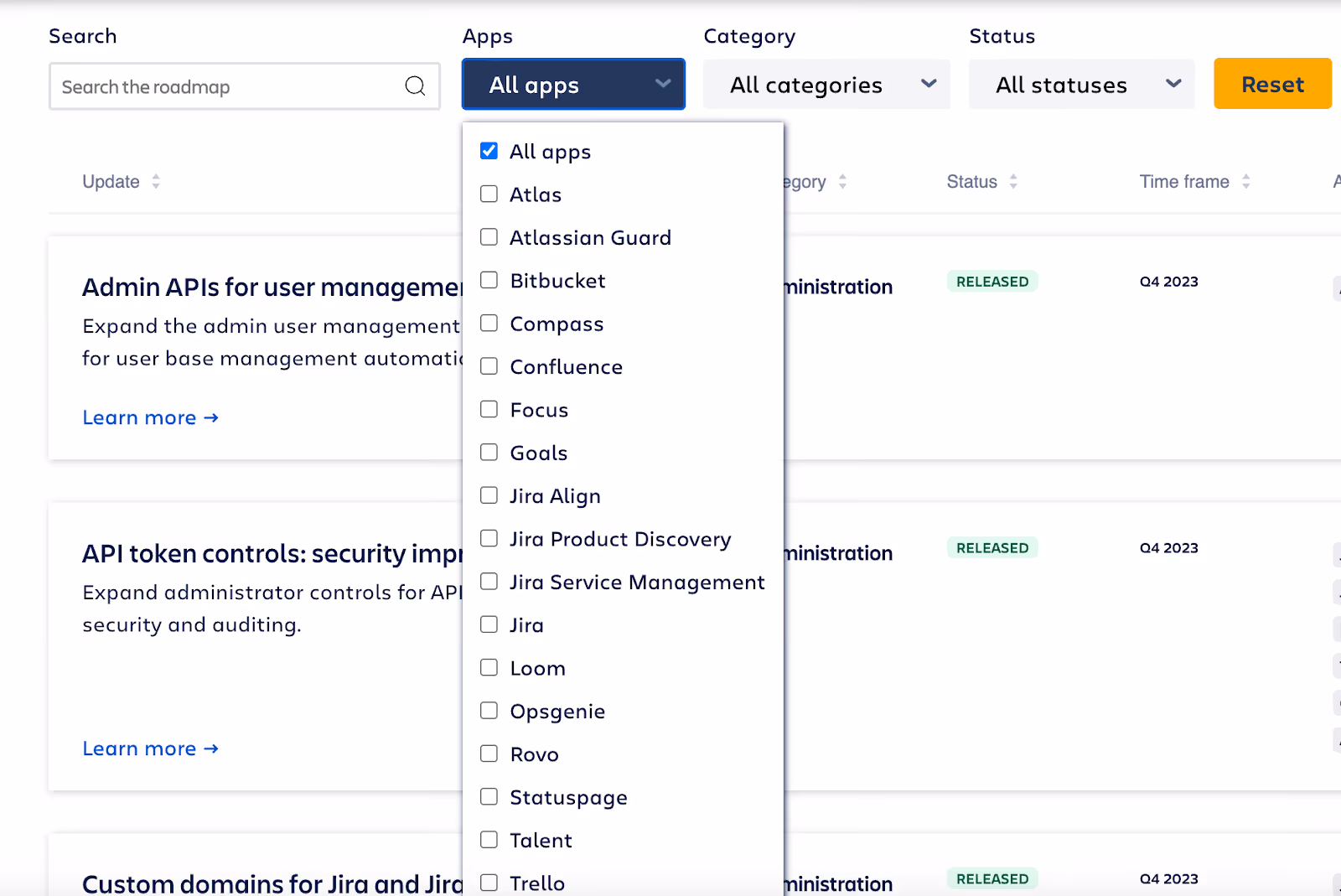 Filter functionality for Atlassian's product roadmap