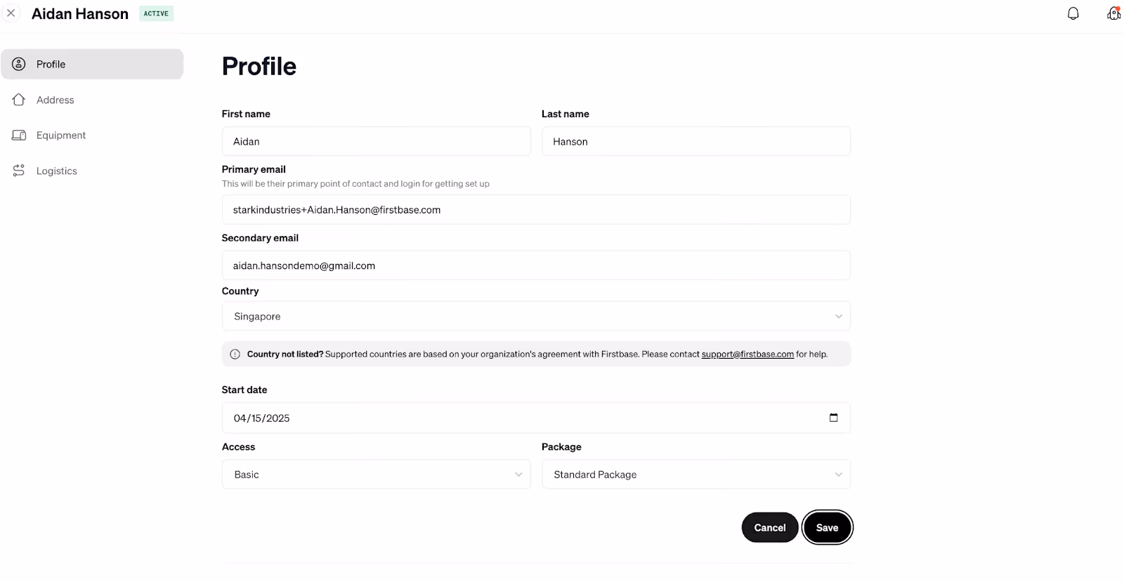 Screenshot of populated employee profile in Firstbase