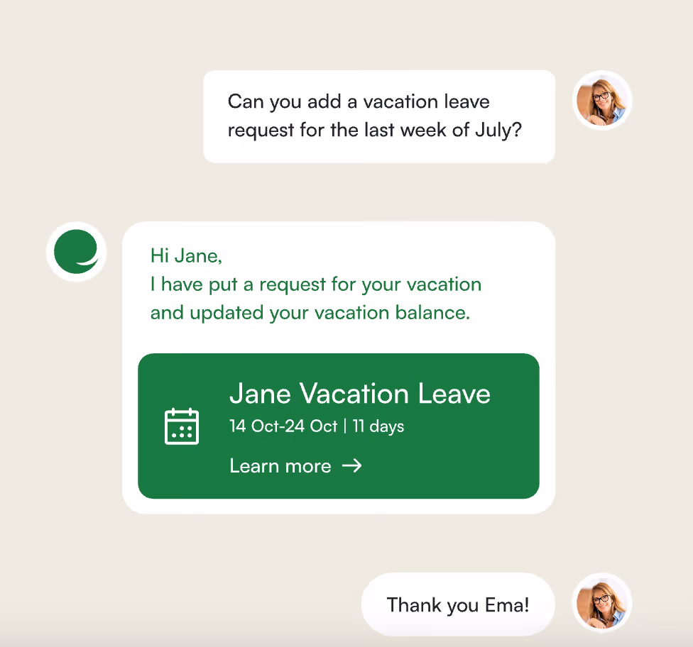 Screenshot of Ema's Employee Assistant AI agent