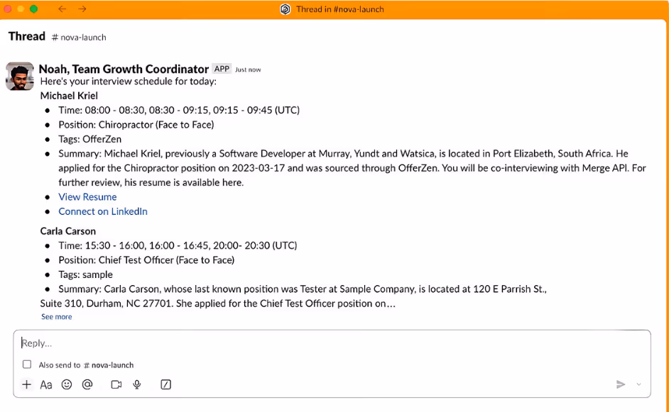 Screenshot of Peoplelogic's Noah agent sending interviewers messages