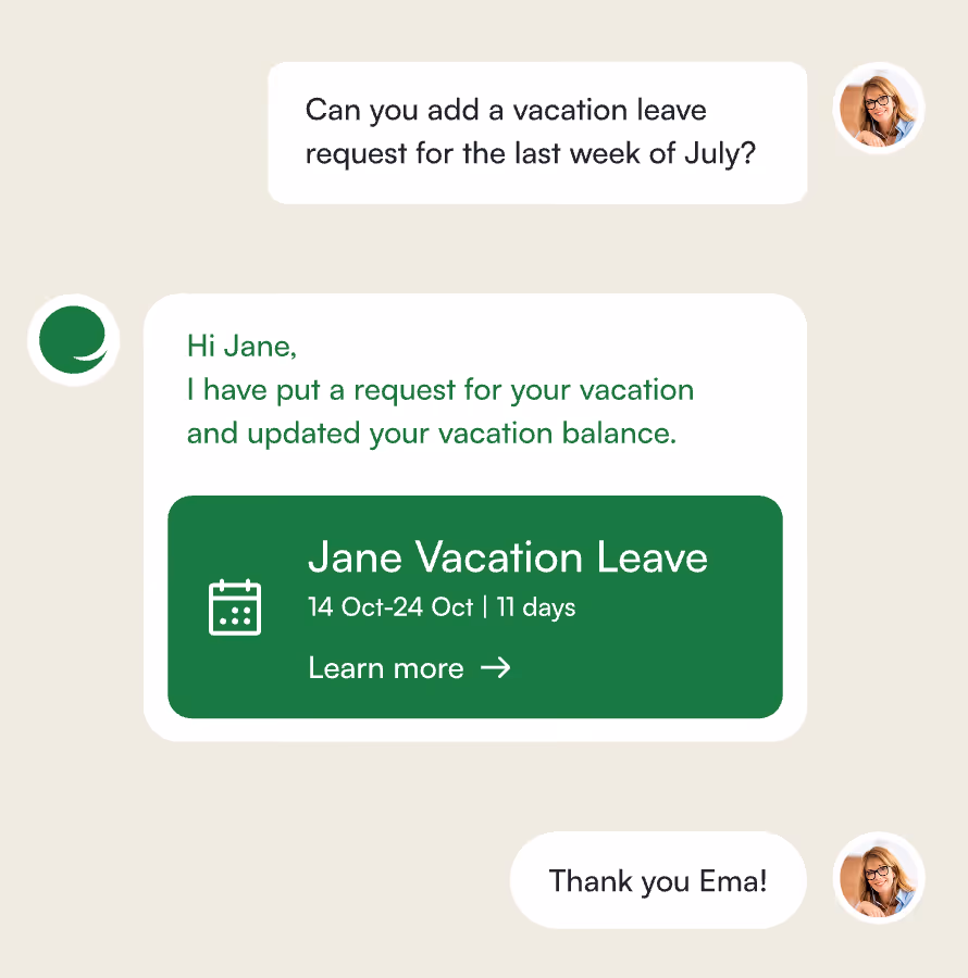 Screenshot of an AI agent that lets you request time off