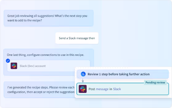 A screenshot of how Workato's Copilots can help users fine tune existing recipes
