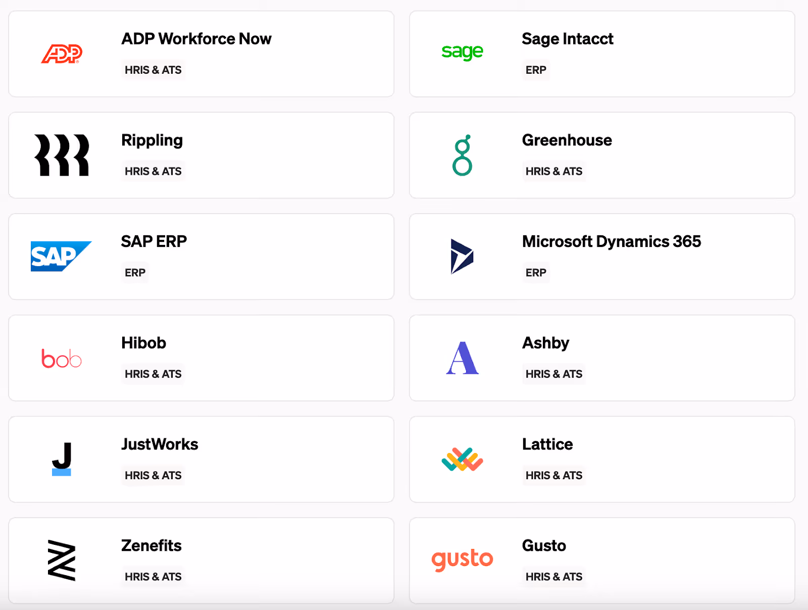 A snapshot of some of the integrations Aleph added via Merge