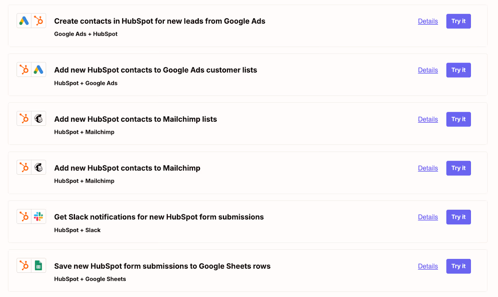 A snapshot of the automation templates Zapier provides for their HubSpot connector
