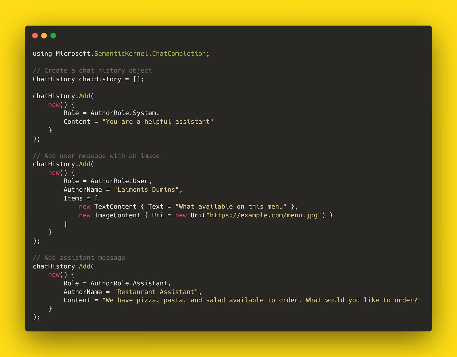 Semantic Kernel code example demonstrating `ChatHistory.Add()` with `FunctionCallContent`