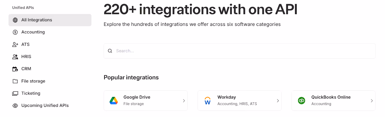 A screenshot of the integration categories Merge supports