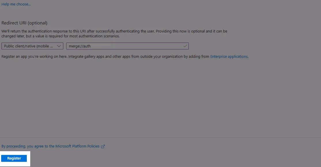 Register an application screen