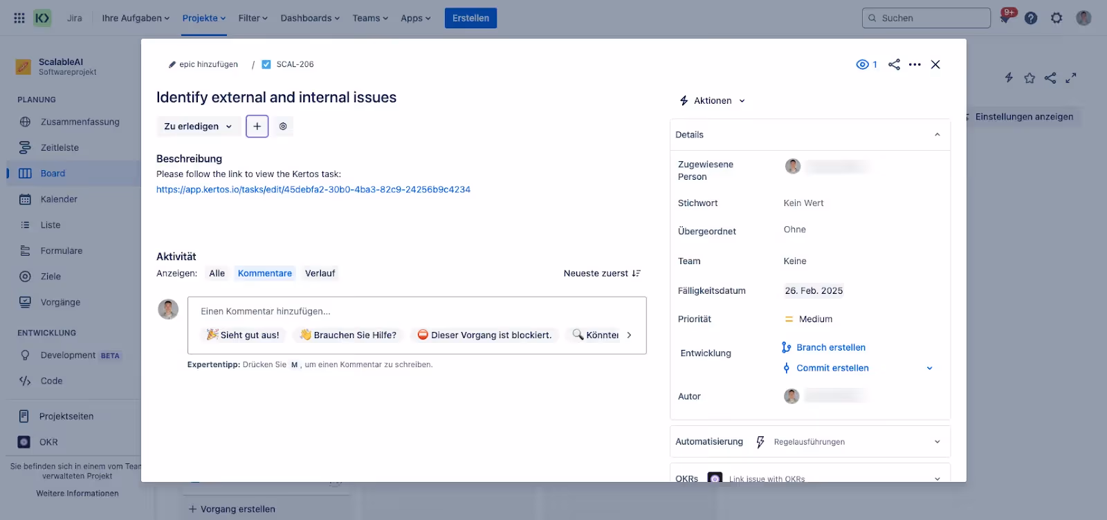 An example of a ticket in Jira that's integrated with a task in Kertos