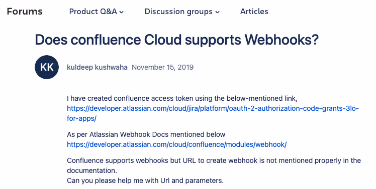 Screenshot of a question Confluence webhooks in a forum