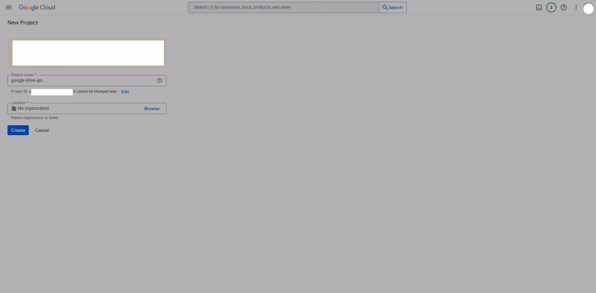 The New Project dialog with fields for project name and organization