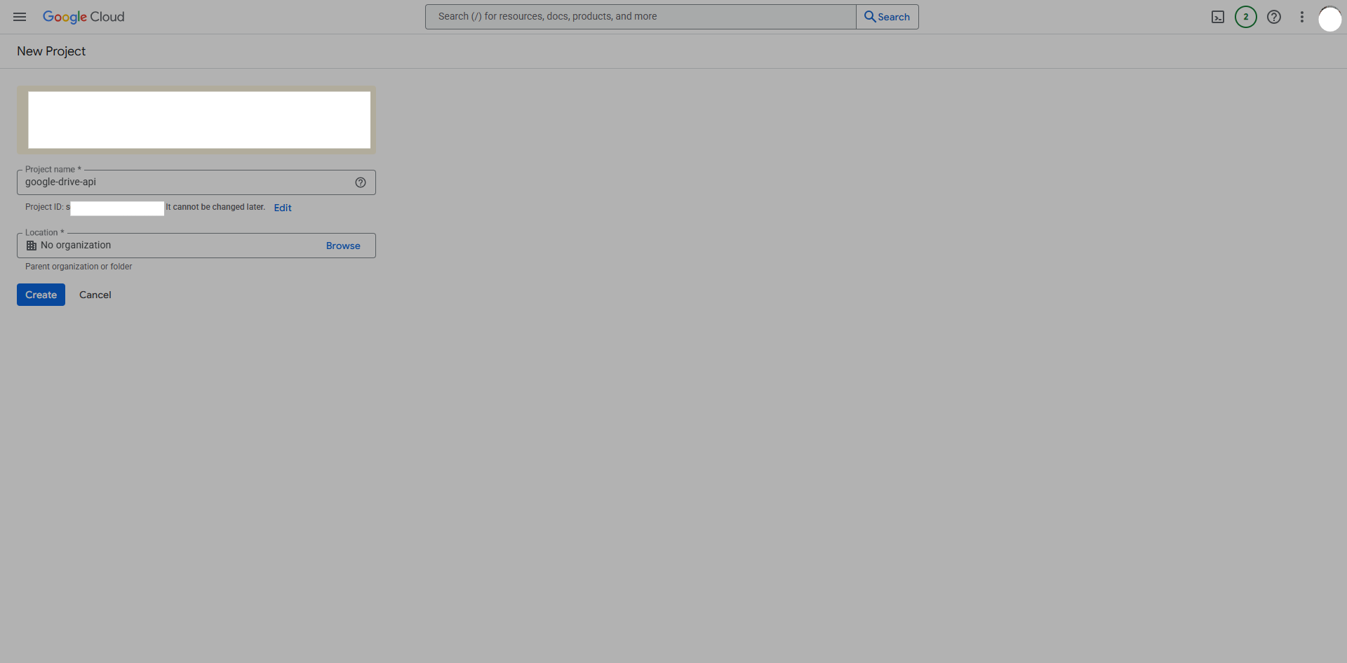 The New Project dialog with fields for project name and organization