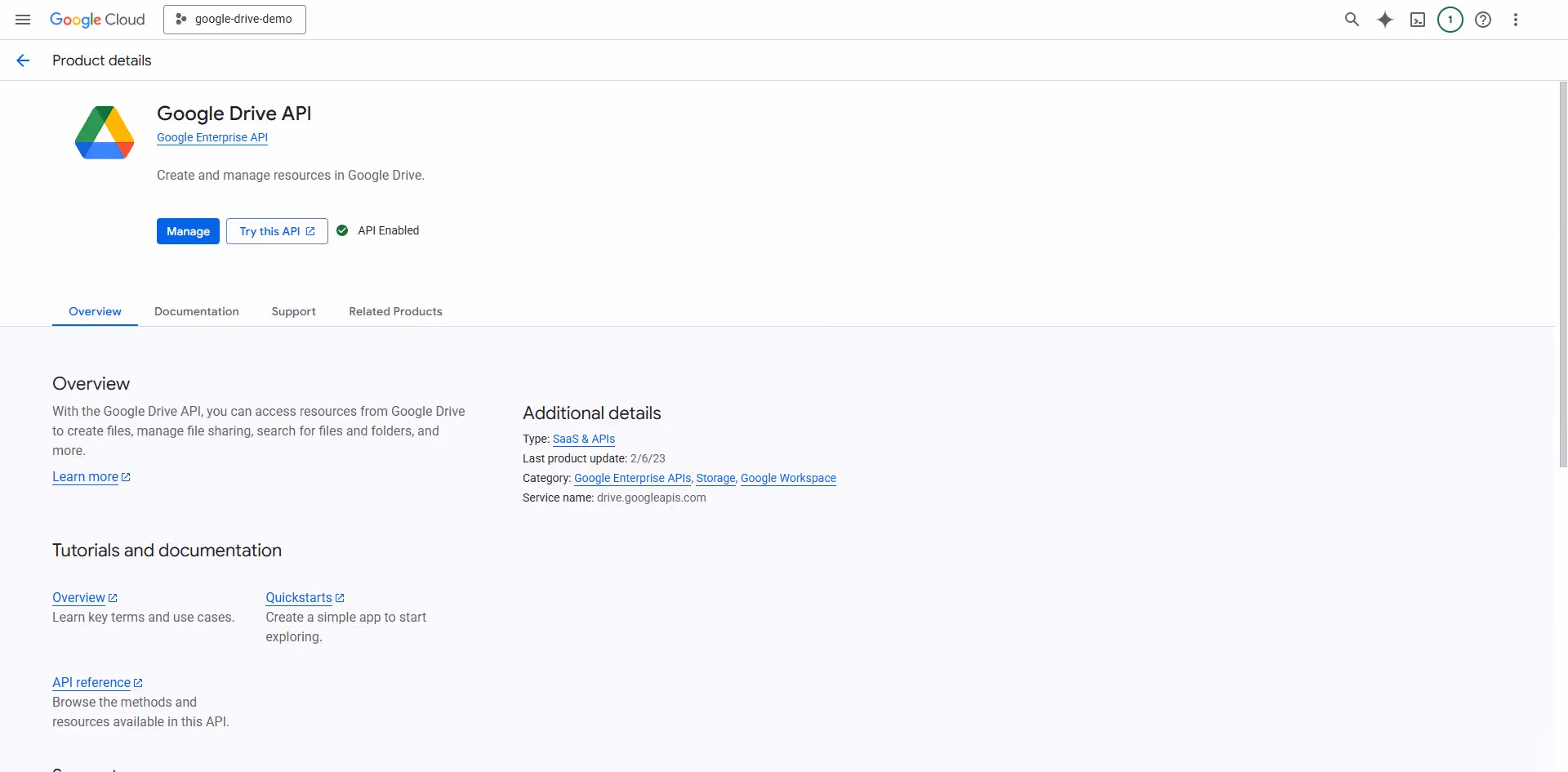 **Google Drive API** page with the **Enable** button