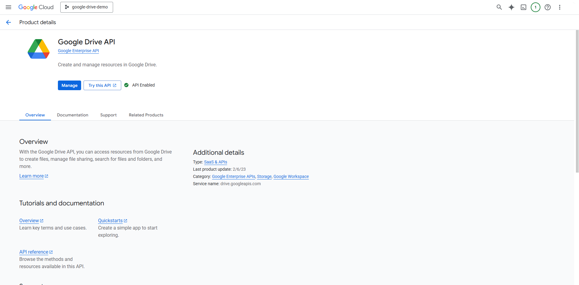 **Google Drive API** page with the **Enable** button