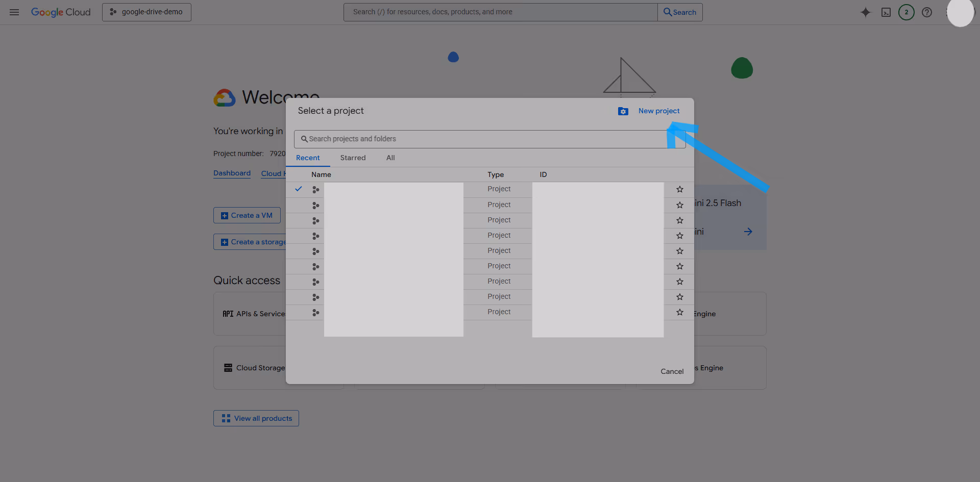 Select a project drop-down