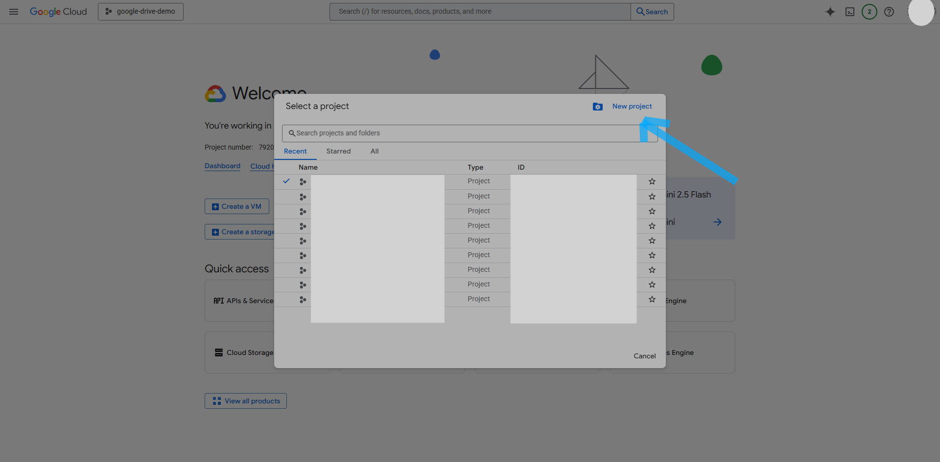 Select a project drop-down