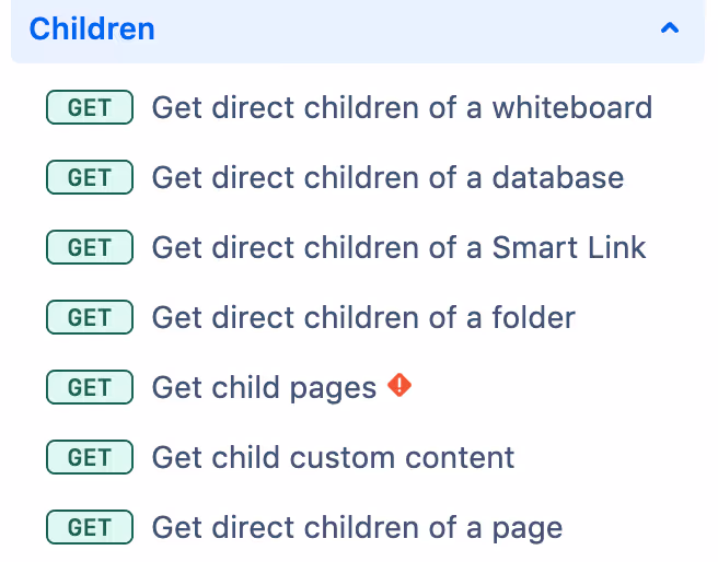 A snapshot of Confluence's Children API endpoints