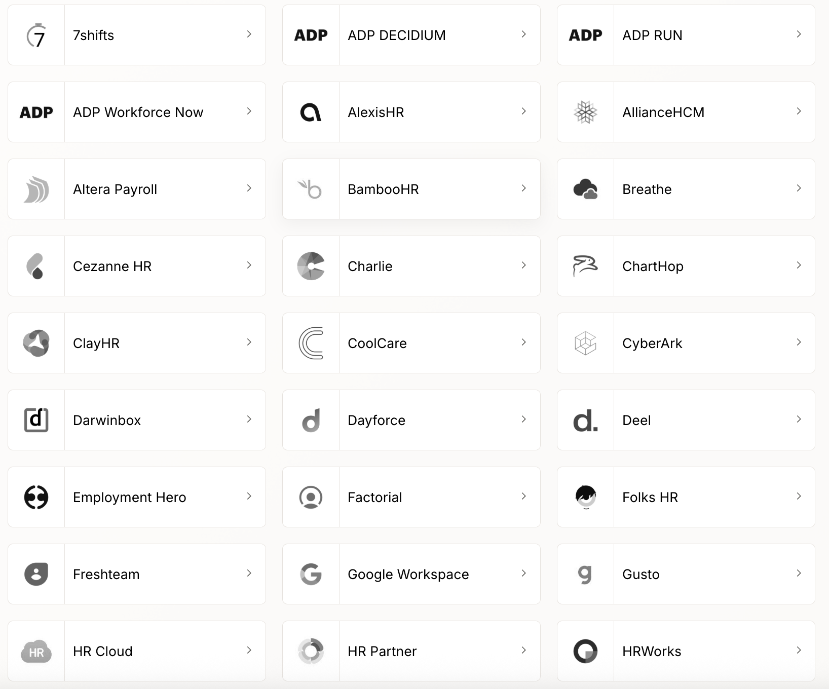 A snapshot of some of Merge’s supported payroll, HRIS, and SCIM integrations offered through their HRIS Unified API