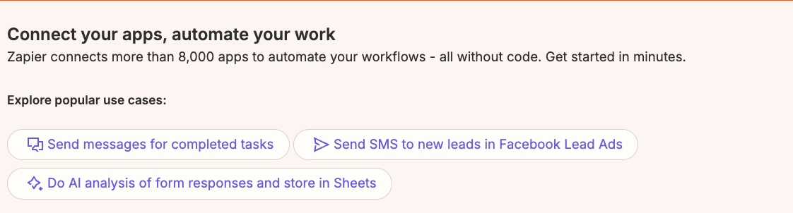 How Zapier promotes their pre-built connector library and ease of adoption
