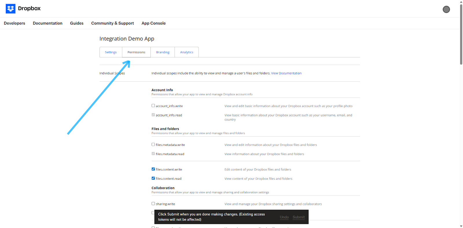 Permissions tab