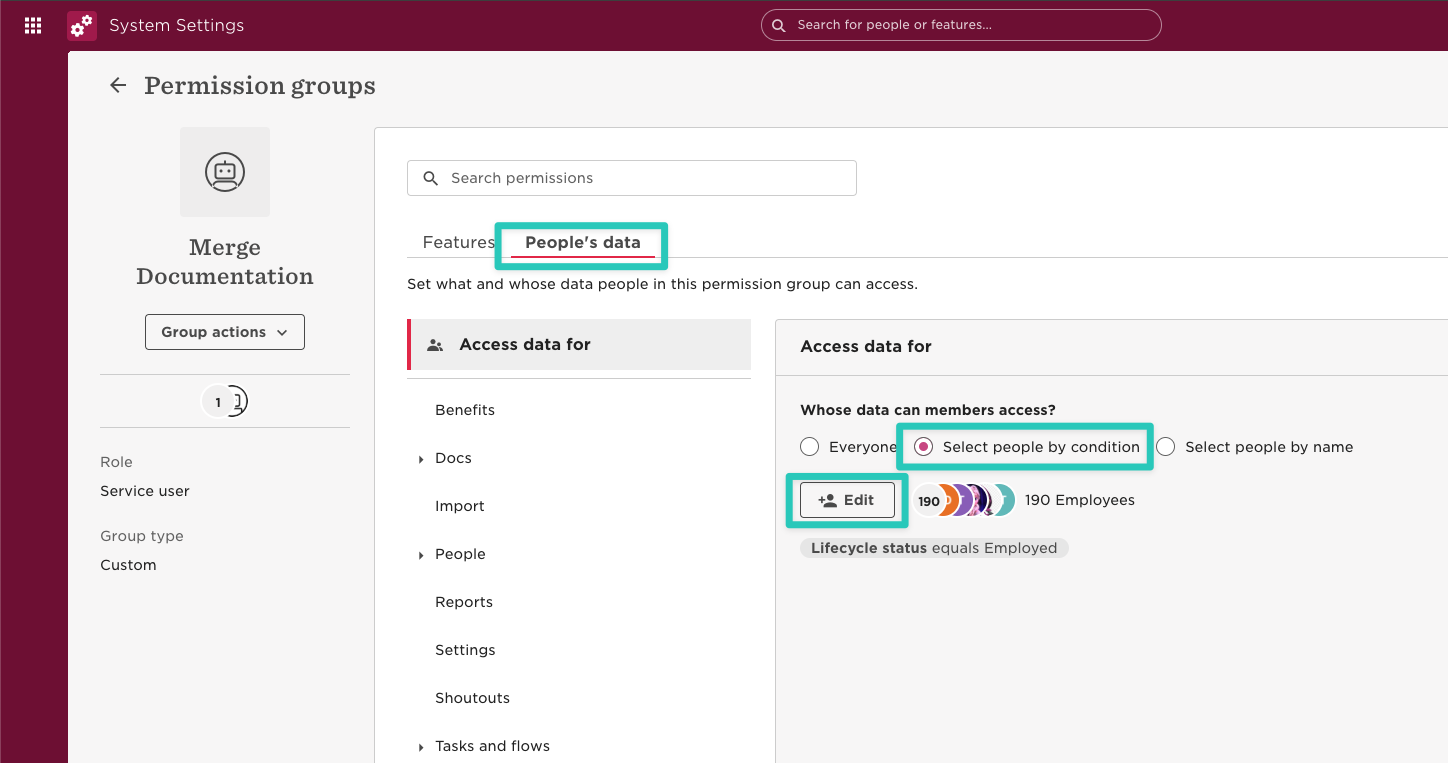 Selecting the people that the permission group can access