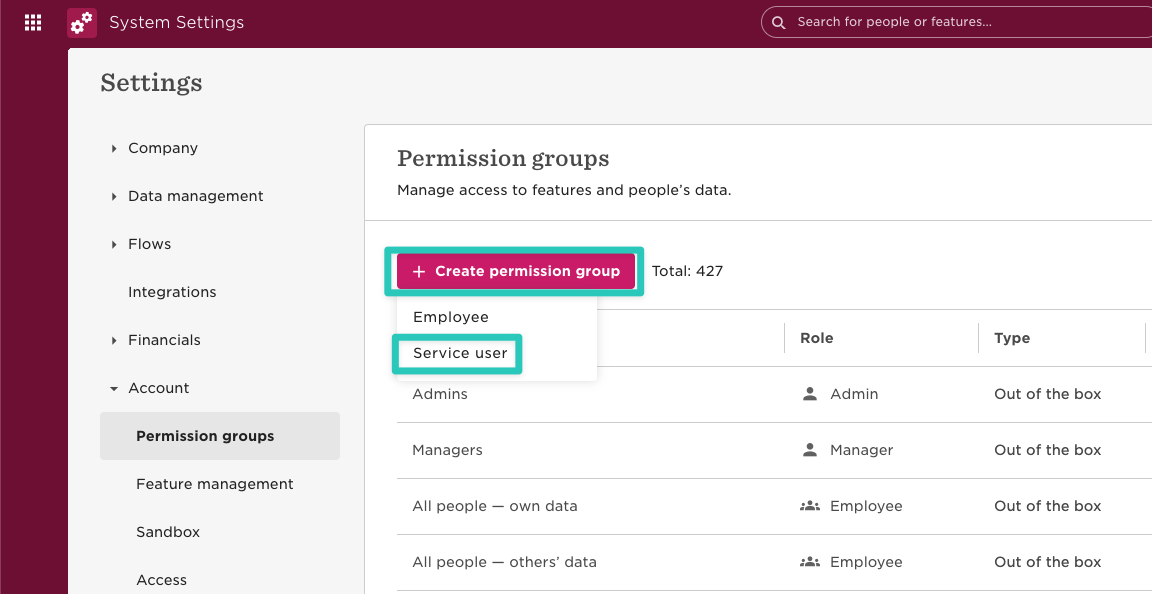 Creating a service user permission group