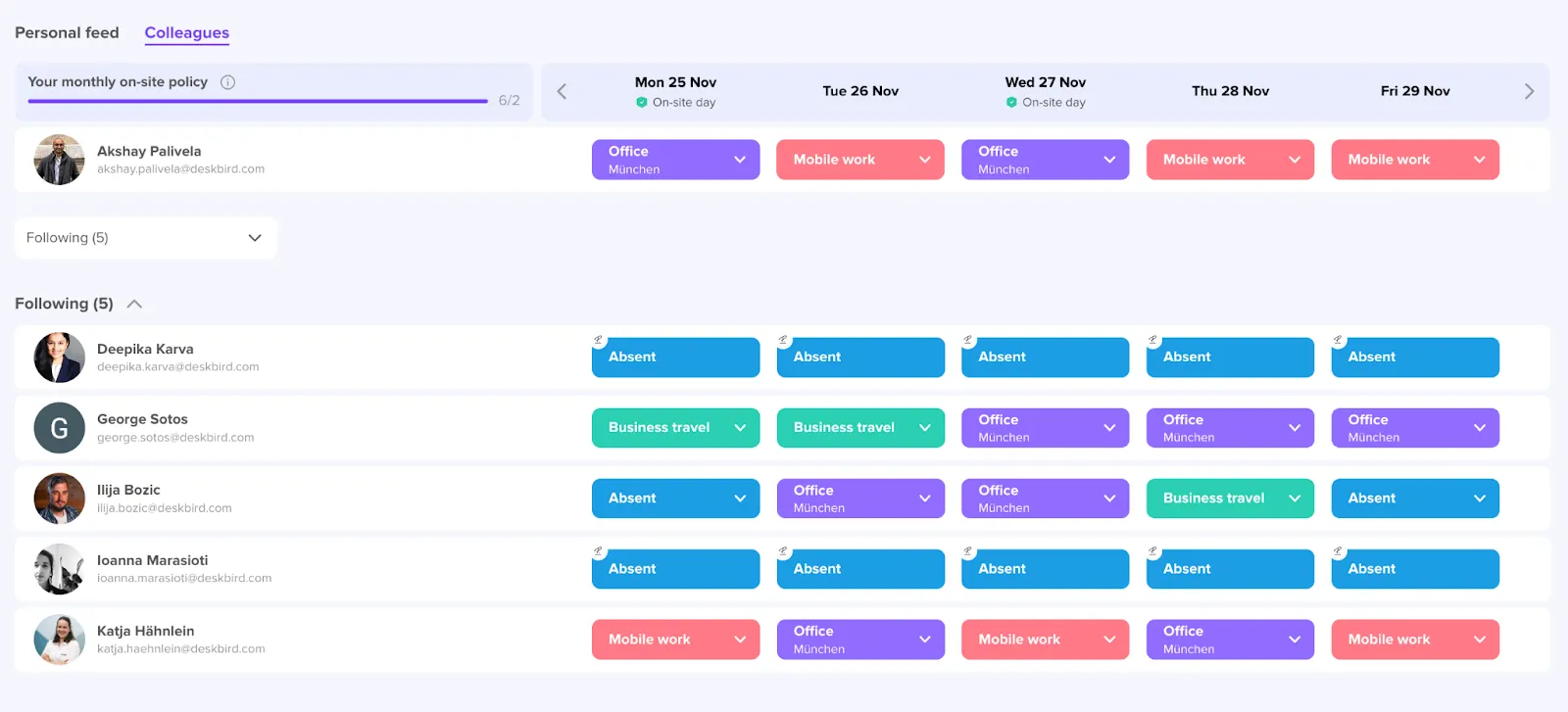 How deskbird shows employees' work schedules