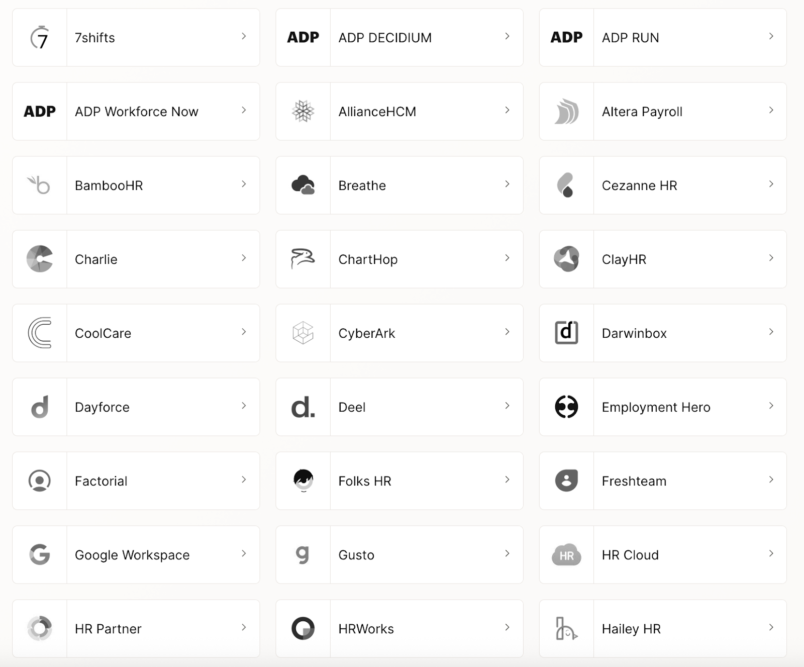 A snapshot of the HRIS integrations Merge supports