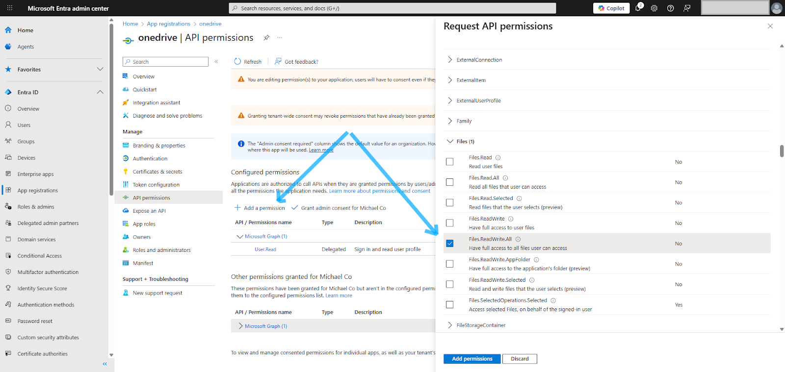 API permissions screen