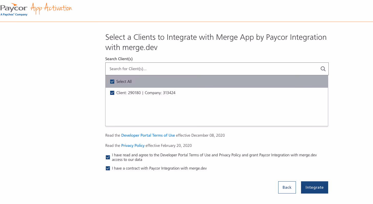 Selecting the client and then integrating