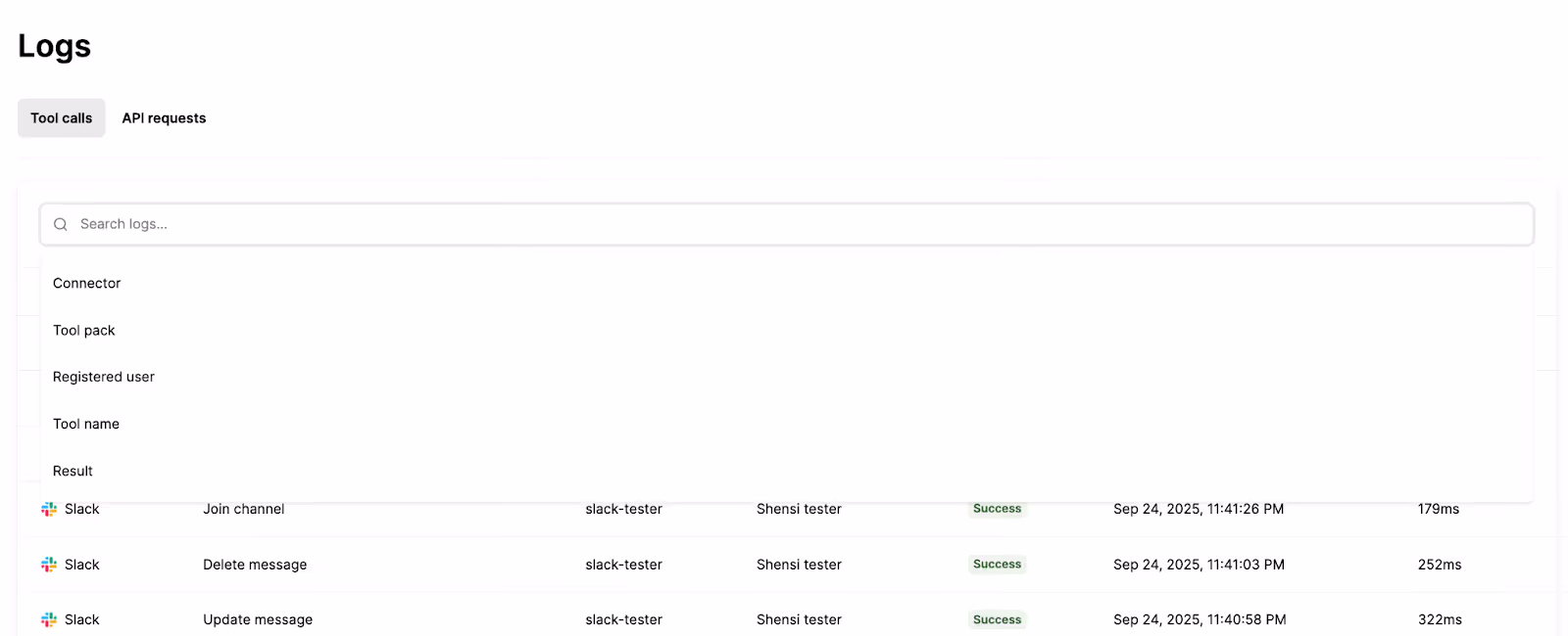 Merge Agent Handler’s logs dashboard lets you filter logs across tool calls and API requests 