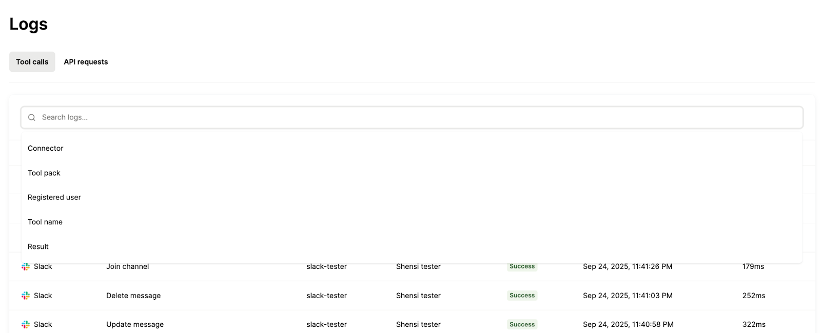 Merge Agent Handler’s logs dashboard lets you filter logs across tool calls and API requests