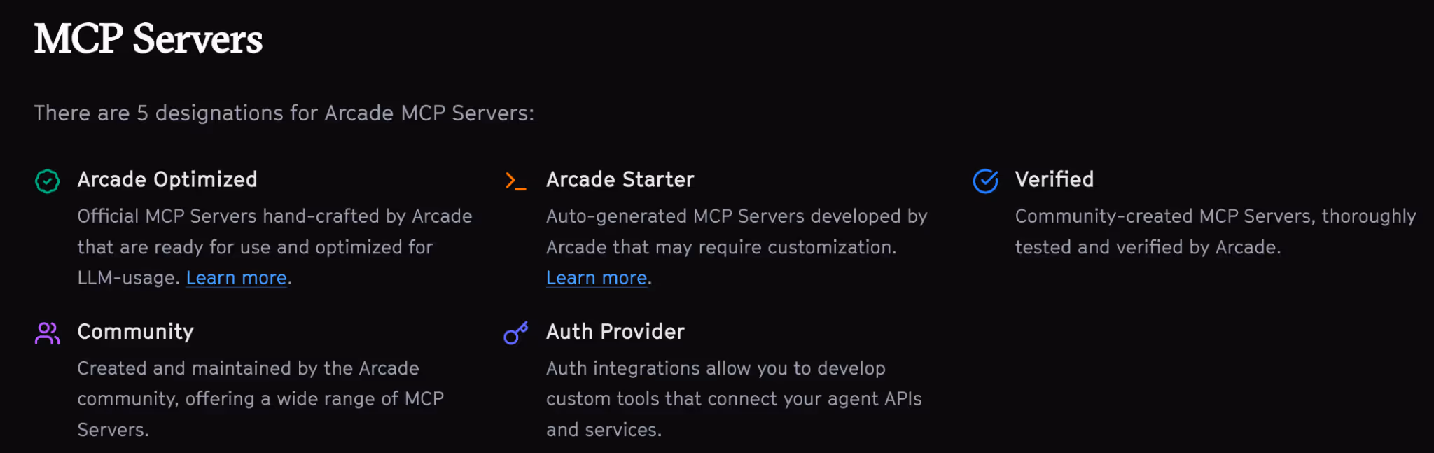 A snapshot of the types of MCP servers, or connectors, Arcade provides