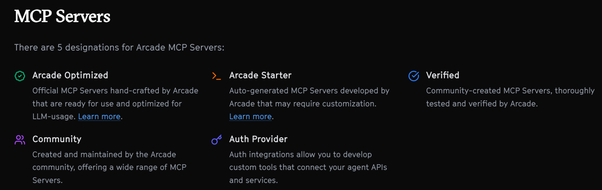 A snapshot of the types of MCP servers, or connectors, Arcade provides