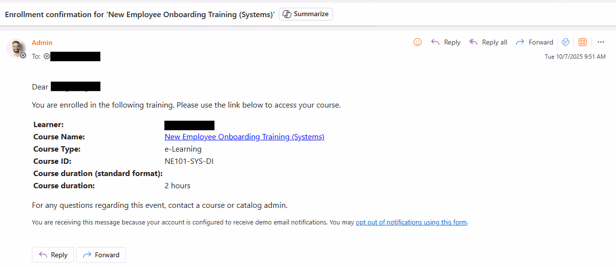 Onboarding course email for a new hire