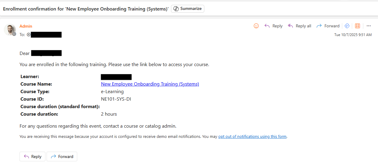 Onboarding course email for a new hire