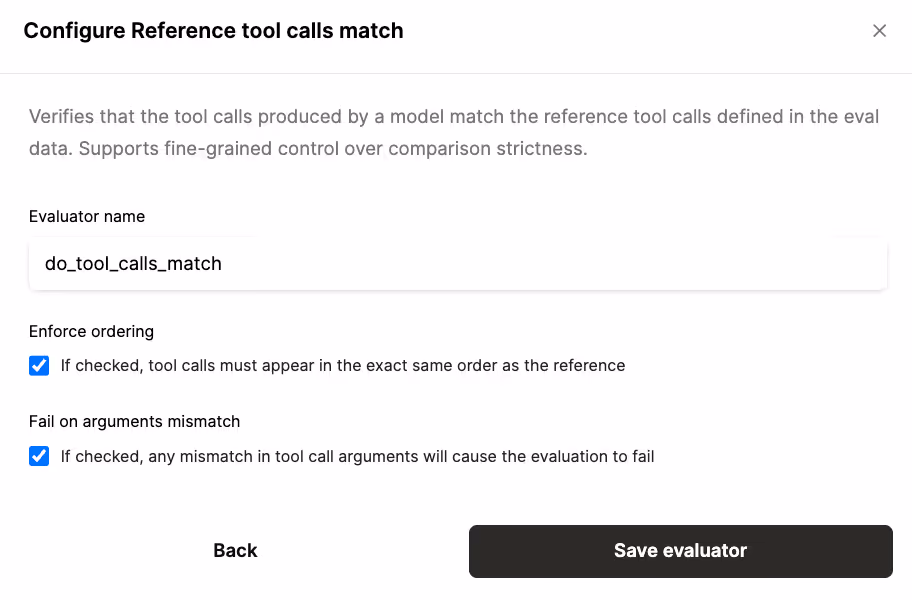 Merge Agent Handler lets you define a wide range of reference tool calls and control how strict the comparisons are between those references and the agent’s test tool calls