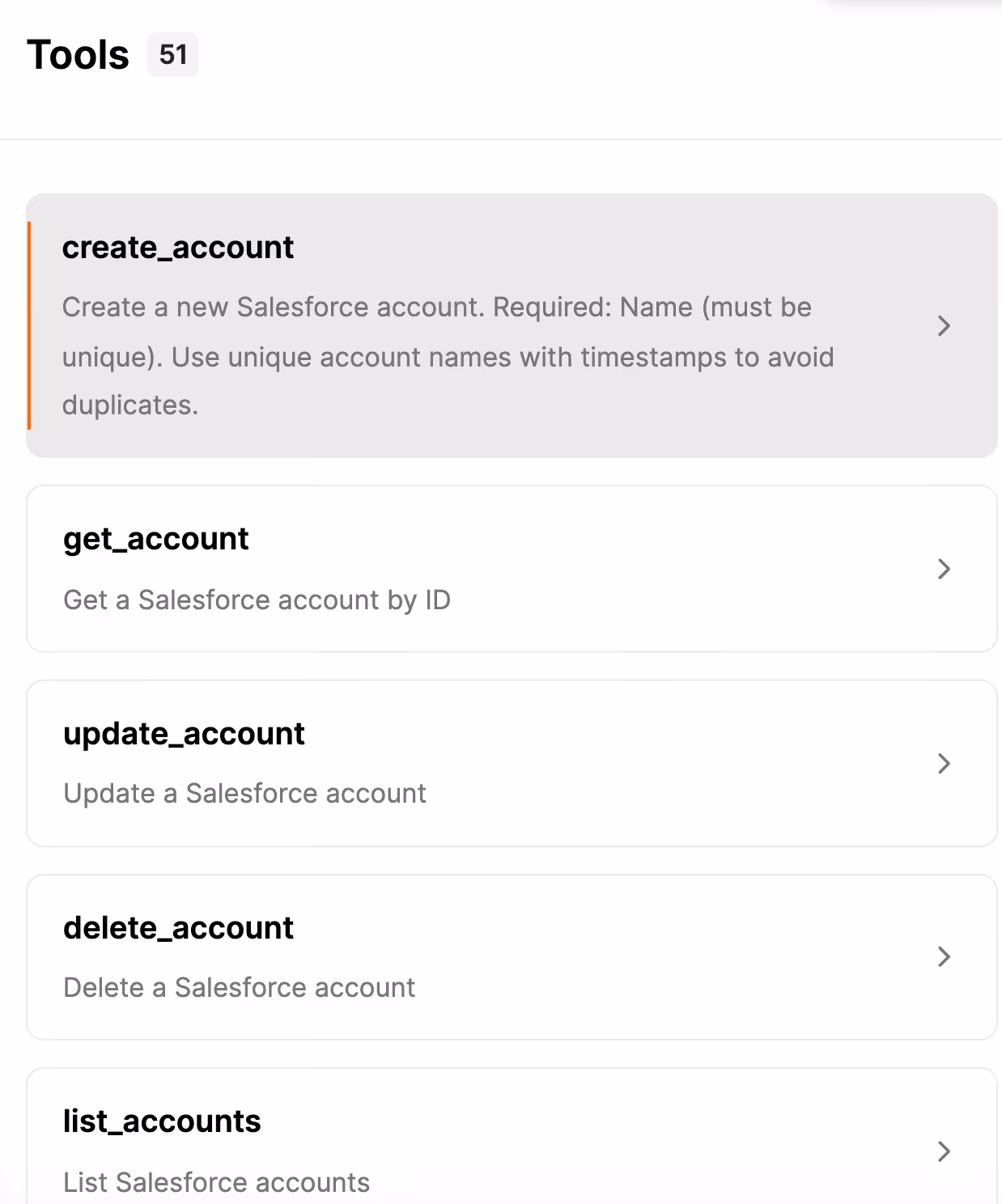 Some of the tools that Merge Agent Handler's Salesforce MCP connector supports