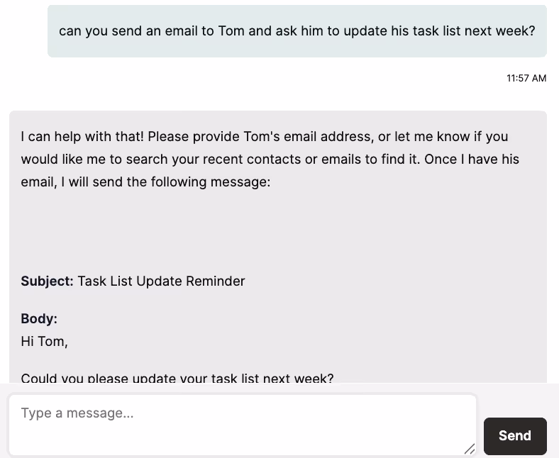 A screenshot of asking an agent to send an email to a direct report around updating tasks