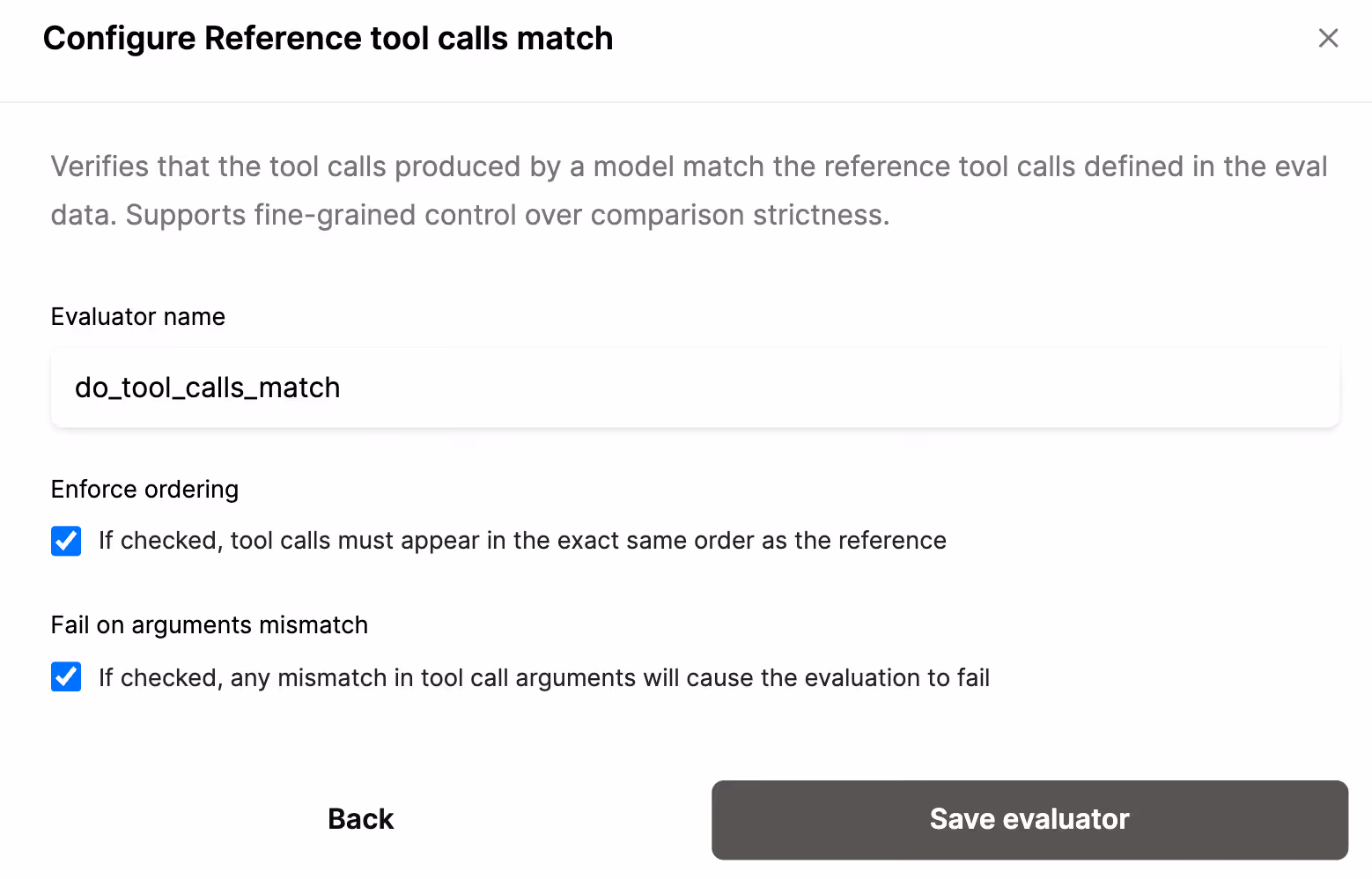 A screenshot of Merge Agent Handler's Configure Reference Tool Calls Match evaluator