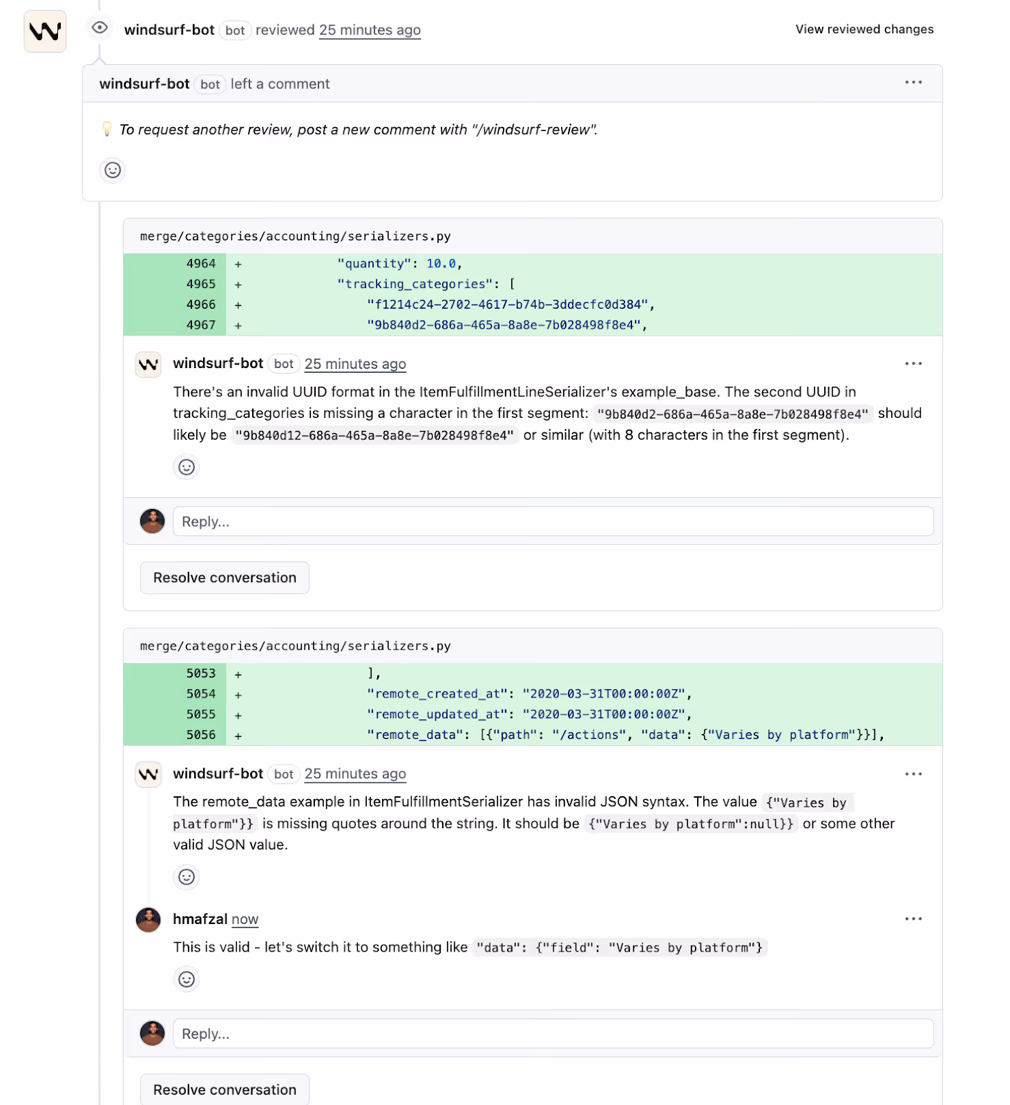 how Windsurf's bot provides feedback on our code