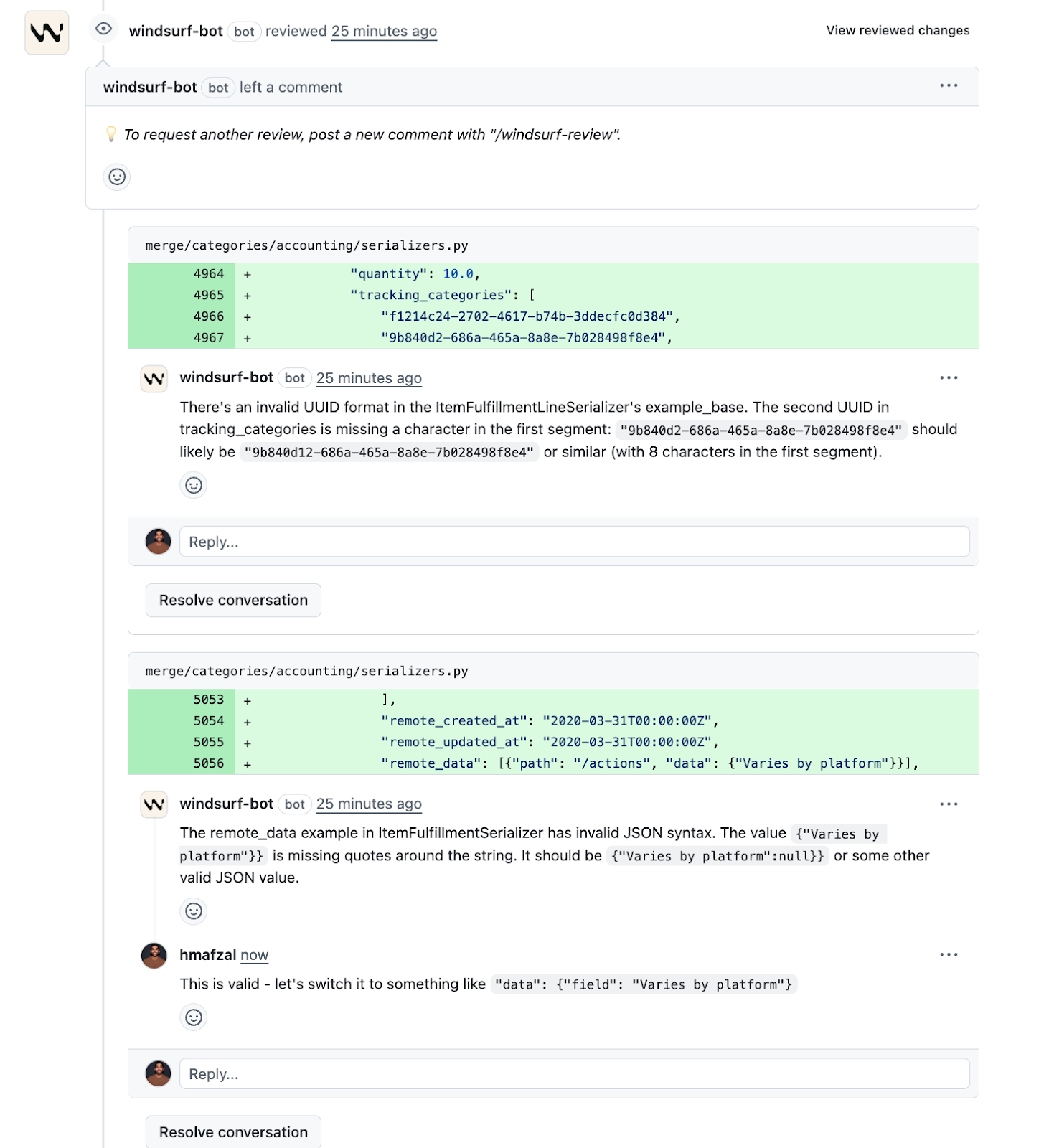 how Windsurf's bot provides feedback on our code