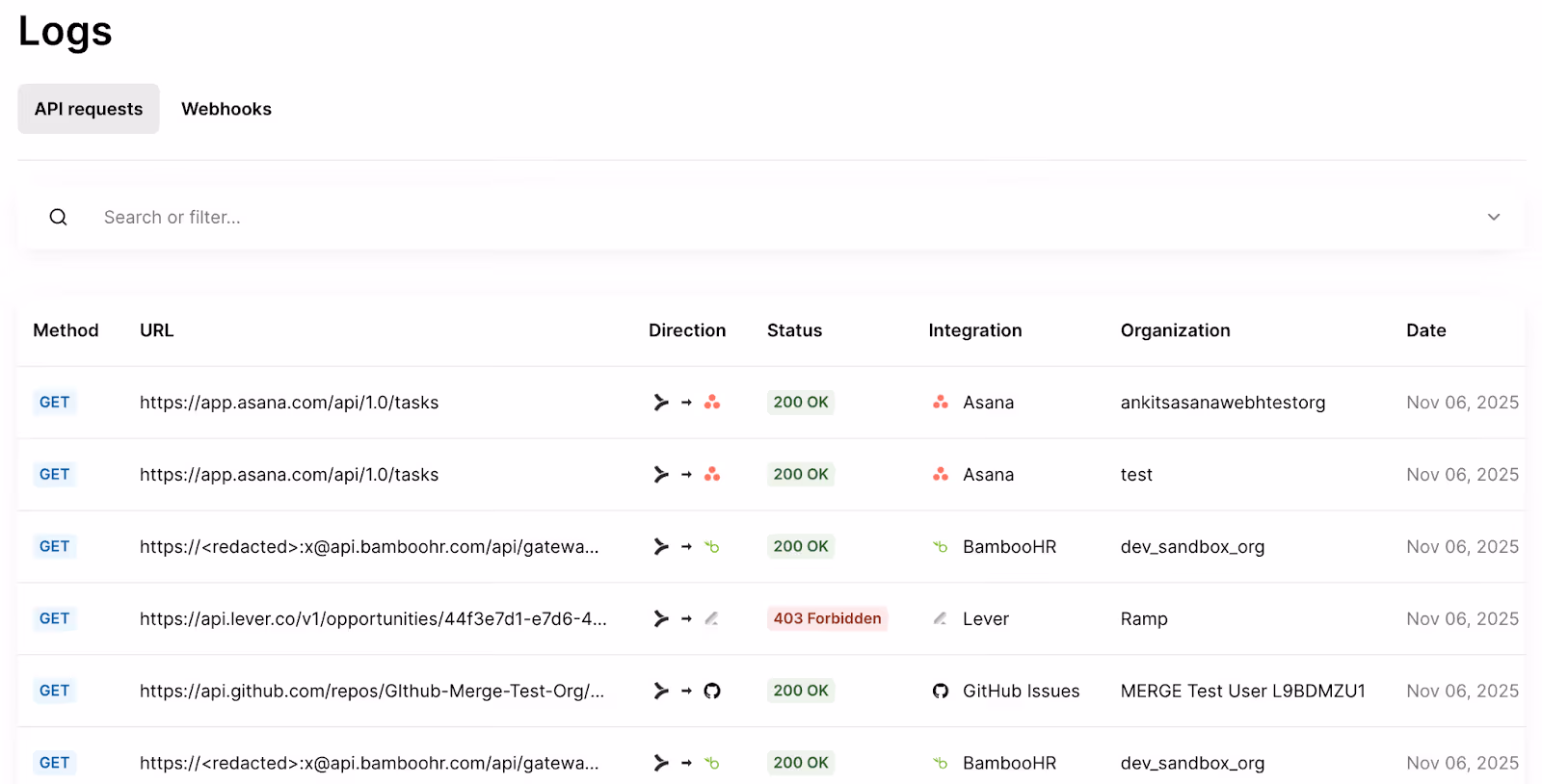 Screenshot of Merge's logs dashboard