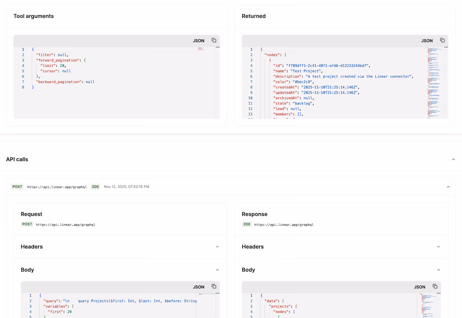 An example of an MCP server log that includes an API request log