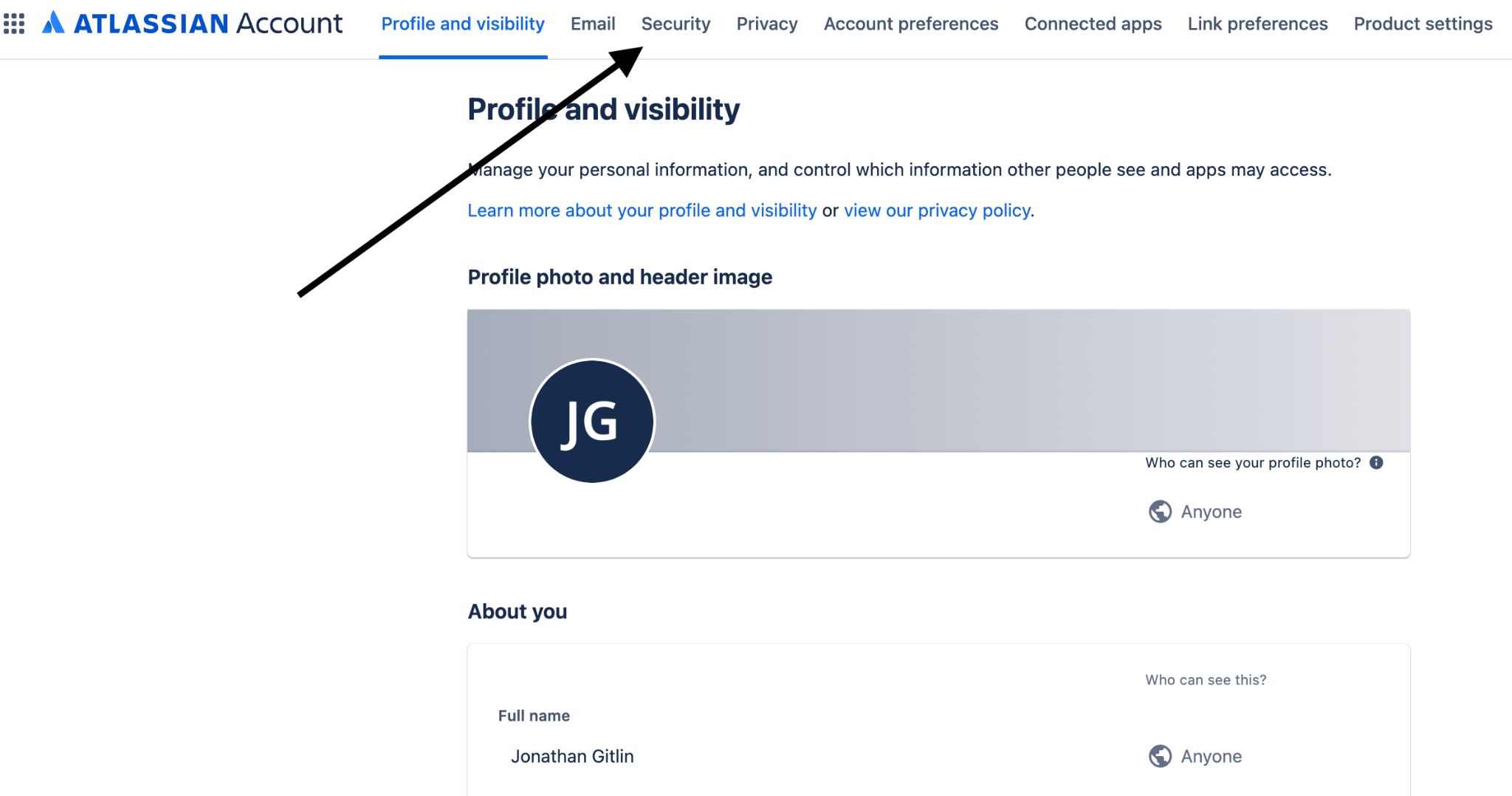 The security tab in an Atlassian account