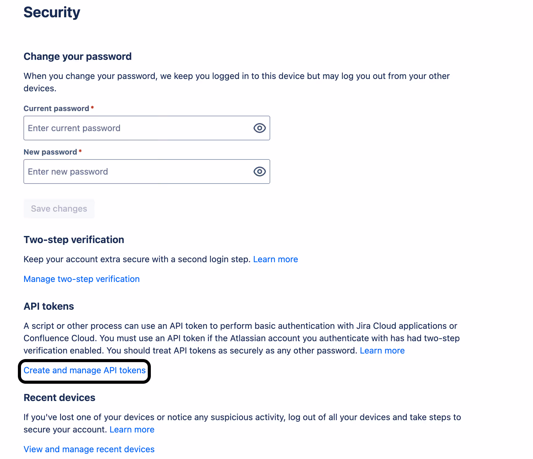 Creating API tokens from the security tab