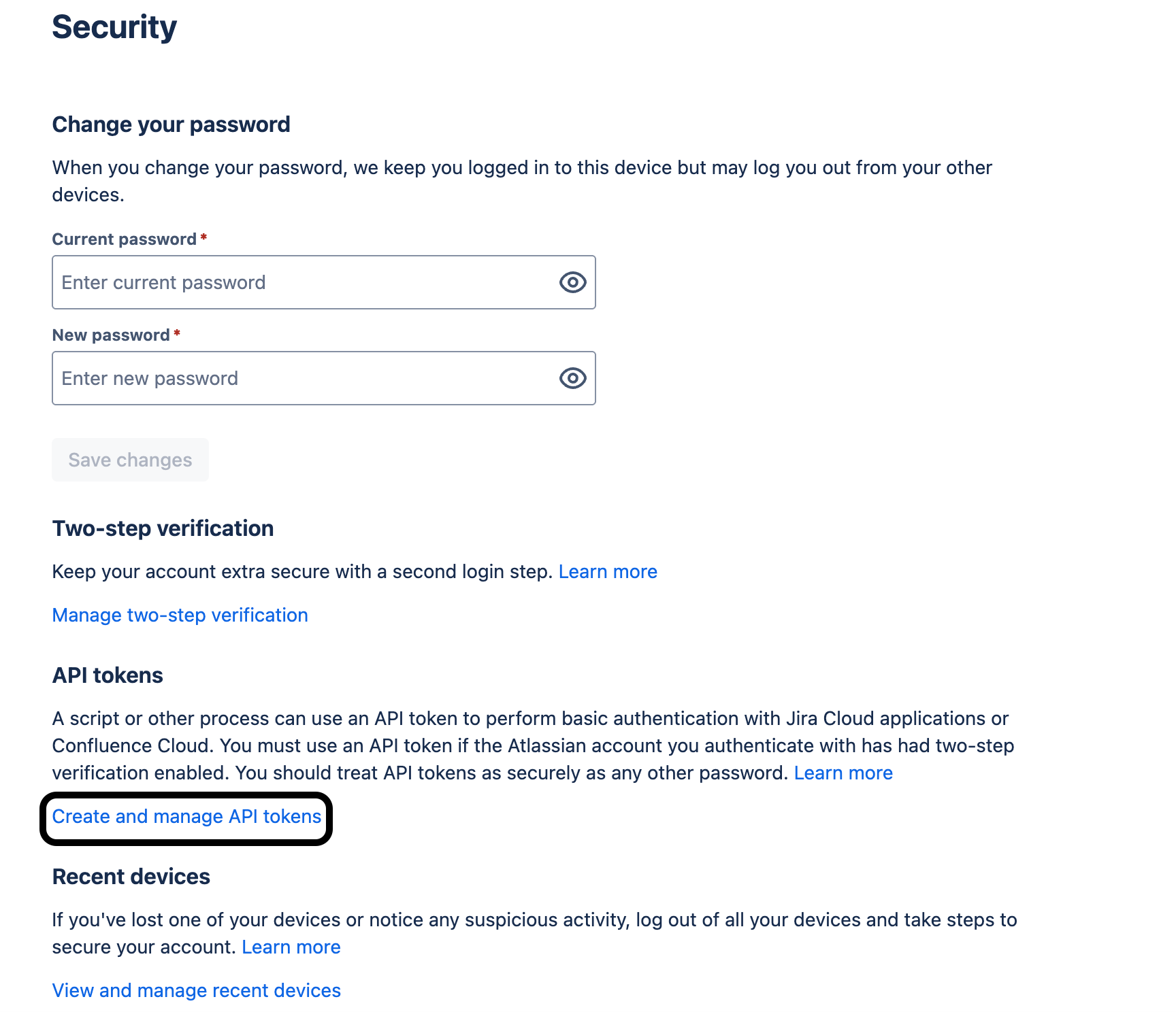 Creating API tokens from the security tab