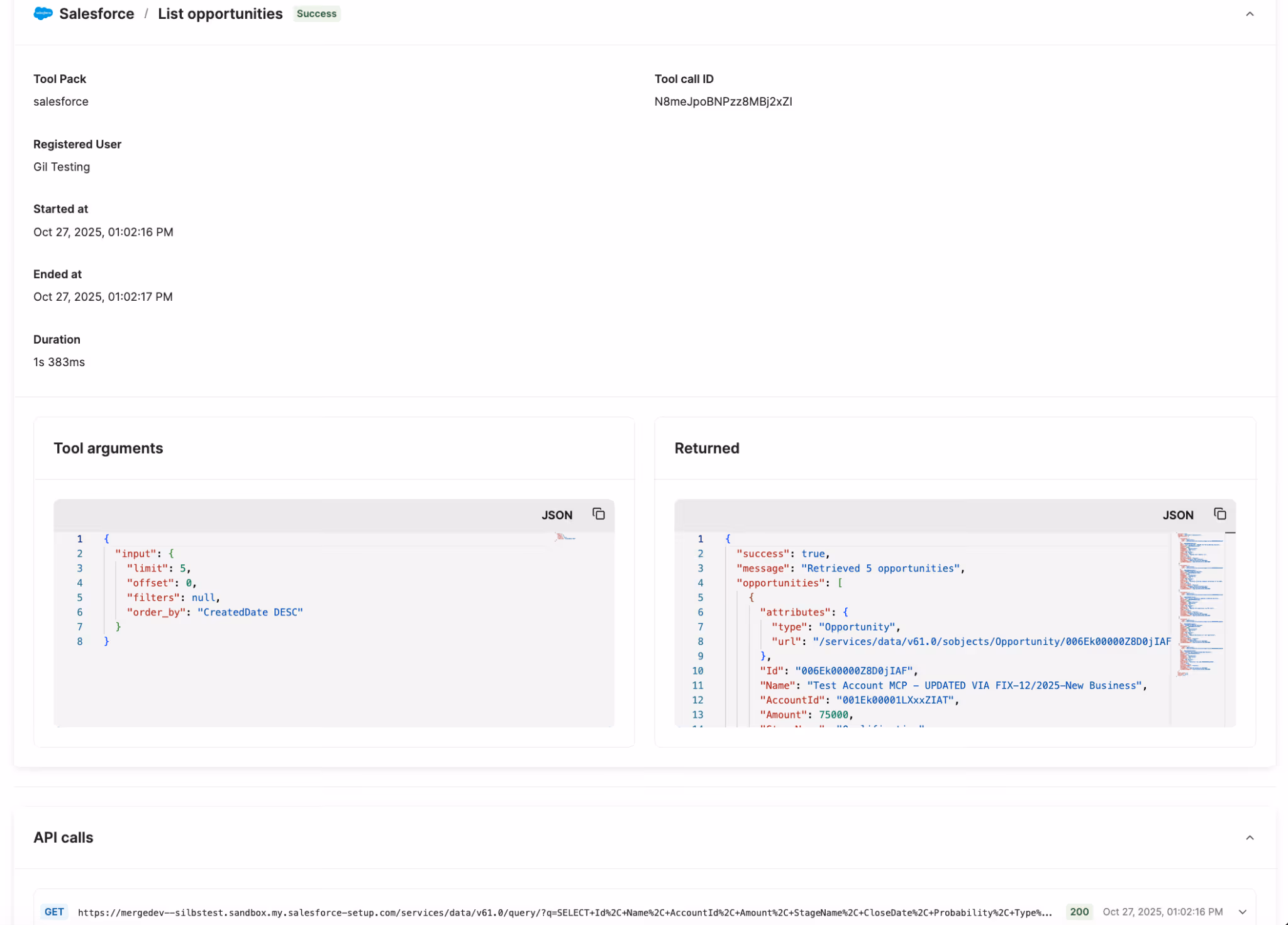 An example of a tool call log from Merge Agent Handler's Salesforce's MCP server