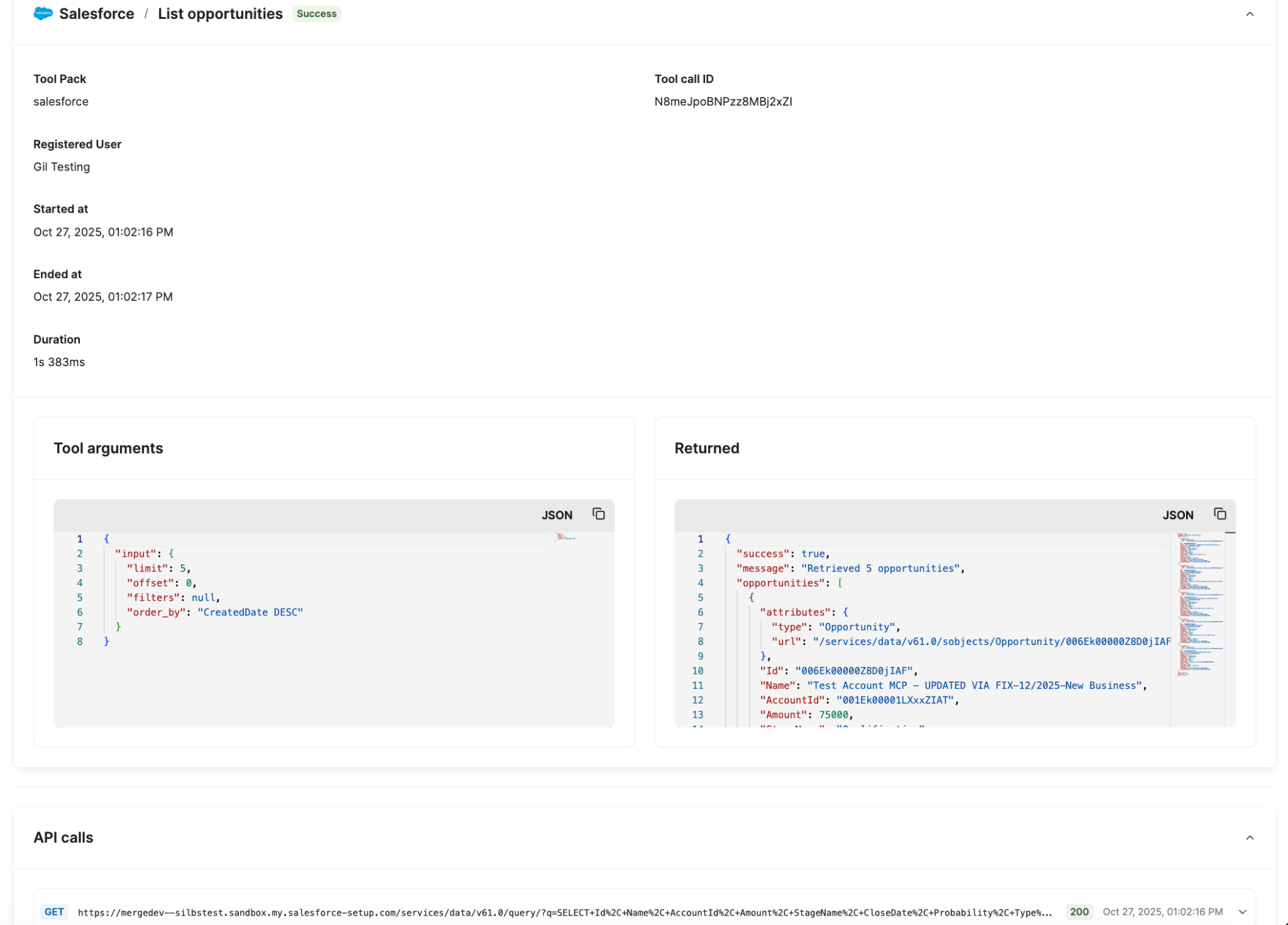 An example of a tool call log from Merge Agent Handler's Salesforce's MCP server