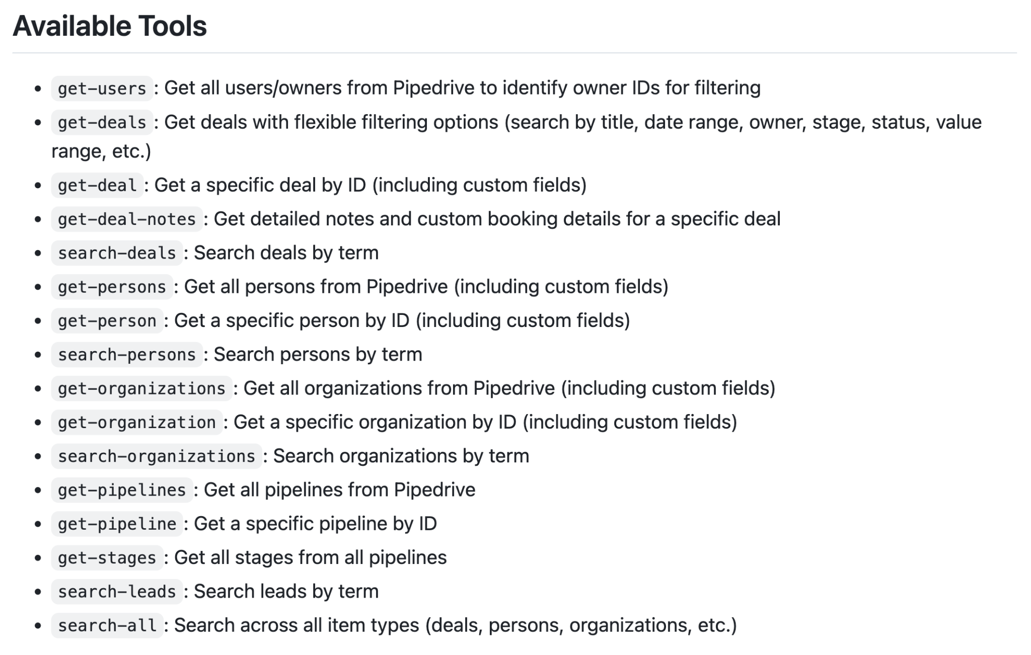 Tools available in the community MCP server for Pipedrive